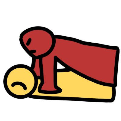 an unhappy emoji yellow figure lying down, being pressed down into this position by a red figure who is frowning. the red figure's hands are on the yellow figure's shoulders, and the red figure is on top of the yellow figure.